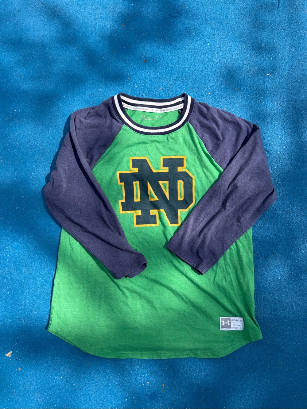 Under Armour Green and Navy Notre Dame Raglan Long Sleeve Shirt